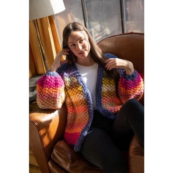 💕SAACHI💕 Mayflower Rainbow Stripe Cardigan ~ Hand Knit Multi-Color Medium - Picture 7 of 16